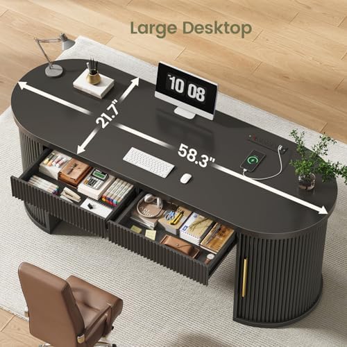 SEDETA 58.3" x 21.7" Fluted Office Executive Desk with 2 Drawers Storage - Image 6