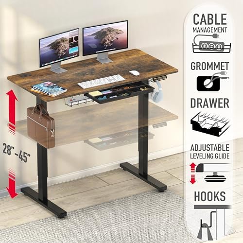 SHW 48-Inch Electric Height Adjustable Standing Desk w/Drawer, Rustic Brown - Image 4