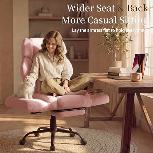 Office Chair with Flip Armrests,Big and Tall Office Chair with Foot Rest,Extra Wide Seat & Lumbar Pillow,Comfy Criss Cross Chair for Pets Sitting,Ergonomic Computer Gaming Chair,Teddy Fleece,Pink - Image 5