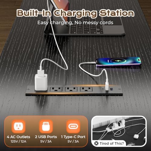 PRAISUN 57.5 Inch L Shaped Gaming Desk with Power Outlets and LED Lights - Image 4