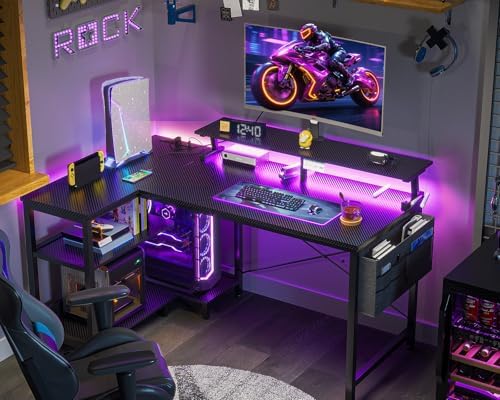 ODK 40 Inch L Shaped Gaming Desk with LED Lights, Power Outlets, Black - Image 2