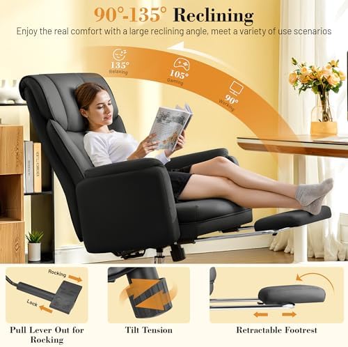 FelixKing Big and Tall Office Chair, 400LBS Wide Leather Executive Chair, Reversible Armrest for Pets Criss Cross Legged, 135° Reclining High Back Gaming Desk Chair with Lumbar Support Footrest, Black - Image 5