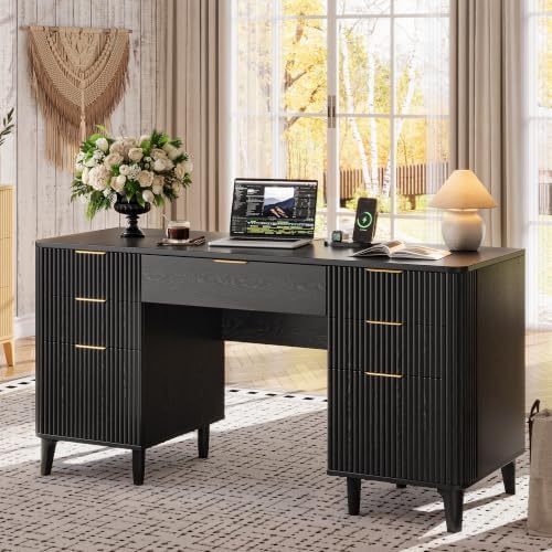 55.1" Fluted Executive Desk with Drawers, Wood Computer Desk with Storage Cabinet, Home Office Desk with Charging Station, Farmhouse Desk with File Cabinet for Office Home by Oxirth