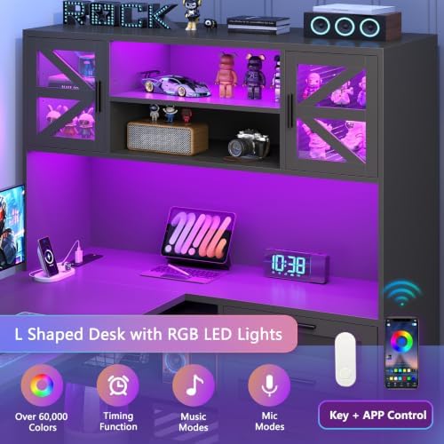 59" Farmhouse L Shaped Gaming Desk with Storage Drawers, LED Lights, Outlet - Image 6