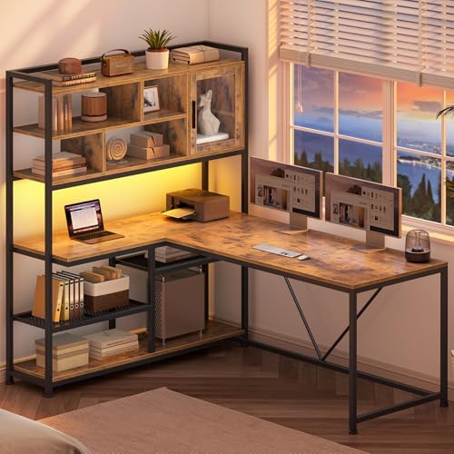 SEDETA L Shaped Computer Desk with Storage Shelves, Bookshelf, Rustic Brown - Image 3