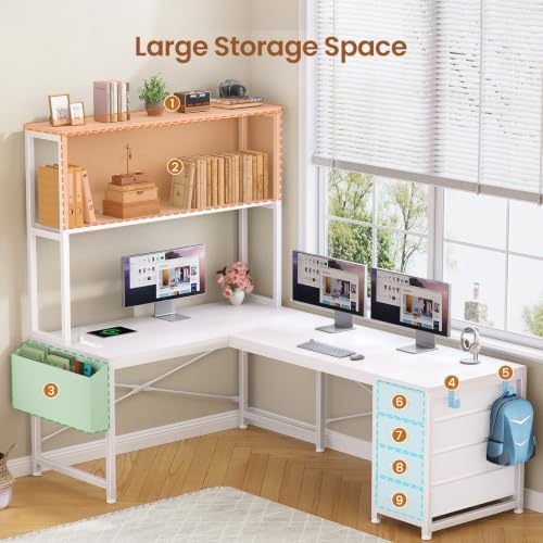 SEDETA L Shaped Gaming Desk, 51.2" Reversible Small Corner Desk with 4 Drawer, Power Outlet & LED Lights, Home Office Desk with Storage Shelves for Small Space, White - Image 4