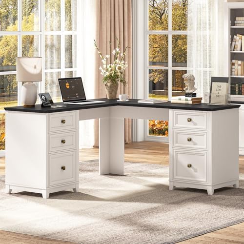 Vabches Farmhouse L Shaped Executive Desk with 6 Drawers, 59’’ Wood Home Office Desk with File Cabinet, Writing Corner Computer Desk for Home Office, Work, Study, White and Black by Vabches