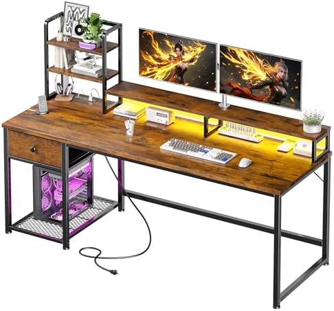 EnHomee 55" Reversible Computer Desk, Hutch, USB & LED, Rustic Brown by EnHomee