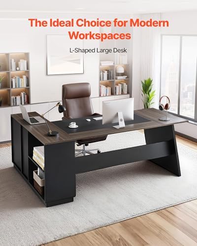 VEVOR L-Shaped Executive Desk, Large Modern Office Table with Drawers and Storage Cabinet, Heavy Duty Wooden Executive Table, 350 LBS Load Capacity, Easy Assembly, for Work Study Writing, Brown+Black - Image 3