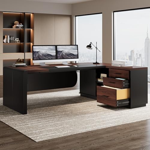 Tribesigns 80'' L-Shaped Desk, Large Executive Office Desk with 55'' Drawers Cabinet, Modern Computer Table with Storage Shelves, Business Furniture for Home Office, Walnut & Black - Image 3