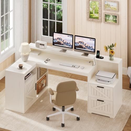 63" Farmhouse L Shaped Desk with Drawers and Printer Stand for Home Office - Image 3