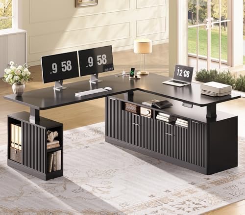 SEDETA Fluted L Shaped Executive Electric Standing Desk with 4 Drawers by SEDETA