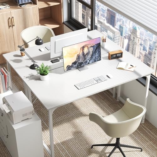 Huuger Computer Desk, 55 Inch Home Office Desk, Gaming Writing Work from Home Study Desk, Large Legroom, Sturdy Metal Frame, Modern Simple, White - Image 6