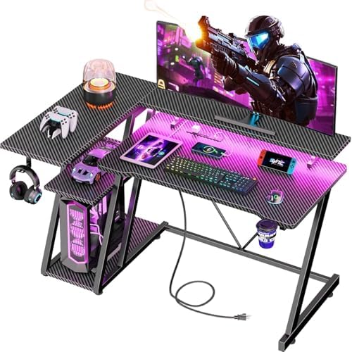 Korfile 40 Inch Gaming Desk with Power Outlet, LED, Carbon Fiber Black by Korfile