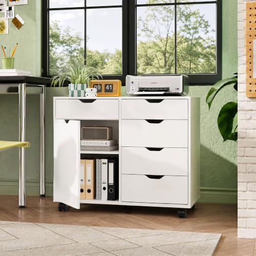 DEVAISE 5-Drawer Wood Office Cabinet, Craft Storage Cabinet, White - Image 2