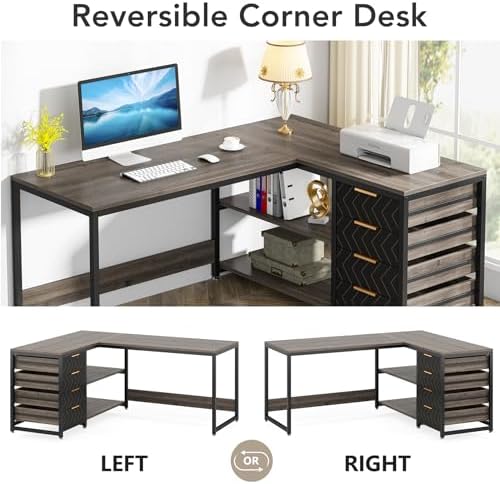 Tribesigns L Shaped Computer Desk with Storage Drawers, 59 inch Corner Desk with Shelves, Reversible L-Shaped Office Desk Writing Table Workstation for Home Office, Grey - Image 6