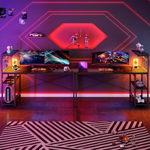 Bestier 61 Inch Gaming Desk with LED Lights, Reversible Shelves, Height Adjustable Shelf, Steel Frame, CARB P2 Class Board, Black 3D Carbon Fiber - Image 4