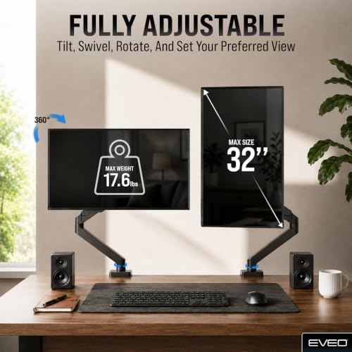 EVEO Premium Single Monitor Arm 14"–34", Adjustable Gas Spring Monitor Mount, Single Arm Desk Mount for 34 Inch Computer Screens, VESA Compatible Stand with Clamp and Grommet Base – Black - Image 5