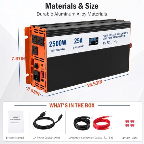 Sump Pump Battery Backup System, 2500W Pure Sine Wave Inverter with LCD Display, Auto Switches to Battery Power for Continuous Sump Pump Operation, for Basement Flood Protection&Power Outage Emergency - Image 6