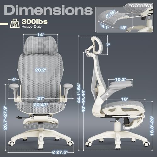 ELABEST X100 Ergonomic Mesh Office Chair with Footrest, Big and Tall Home Desk Chair with 5D Flip-Up Arms, Adjustable 3D Lumbar Support, Gaming & Executive Computer Chair (First Light) - Image 2