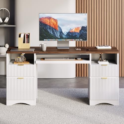 Bestier Computer Desk with Keyboard Tray, 59 inch Office Desk with 4 Drawers, Modern Home Office Desk with File Drawer (Walnut with White, 59" W with Double-Sided Drawers) by Bestier