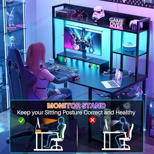 Cyclysio Gaming Desk with Hutch, 39'' Computer Desk with LED Lights & Power Outlets, Home Office Desk with Reversible 5 Tiers Storage Shelves & Monitor Stand, Small Gaming Table for Small Space, Black - Image 5