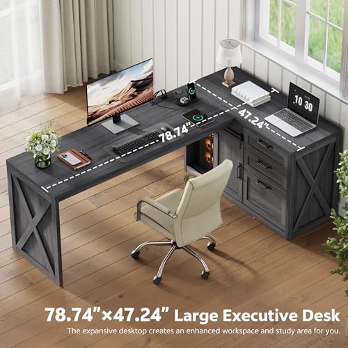 78.7" L-Shaped Office Desk with Drawers and File Cabinet Dark Grey - Image 4