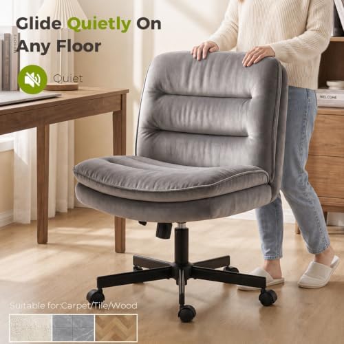 GTPLAYER Cross Legged Office Chair, Armless Desk Chair Cute Vanity Chair with Wheels Computer Chair Comfy Wide Office Chair Adjustable Swivel for Home Computer Task,Soft Velvet, Dark Grey - Image 6