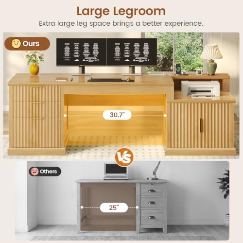 SEDETA 70.9" Executive Desk, Fluted Office Desk with Drawers, Oak - Image 7