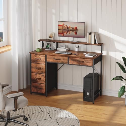 Somdot Computer Desk with Power Outlet and LED Lights, Desk with 6 Drawers - Image 2