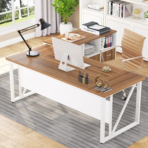 Tribesigns 63 inches Executive Desk and 47" lateral File Cabinet, L-Shaped Computer Desk Home Office Furniture Set with Drawers and Storage Shelves, Office Table with Cabinet (Walnut+White, 63) by Tribesigns
