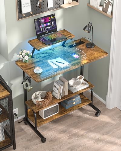 Height Adjustable Standing Desk with Power Outlets and LED Lights - 32" Manual Stand Up Desk with Monitor Stand and Storage Shelves Small Mobile Rolling Computer Desk Portable Laptop Table, Rustic - Image 2