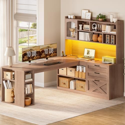 SEDETA 61" L Shaped Office Desk with Drawers and Storage, Light Brown by SEDETA
