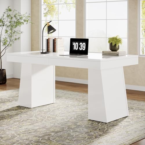 Tribesigns 55" Executive Desk, Wooden Office Desk with Double Pedestal, Modern Simple Computer Writing Table for Home Office, White by Tribesigns