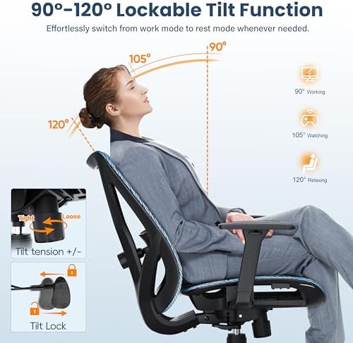 Ergonomic Office Chair, Mesh Computer Desk Chairs with BIFMA X5.1 Certified, Adjustable Lumbar Support, 3D Arm, Tilt Back, Wide Seat, Comfy Swivel Work Task Chair for Company and Home (Azure Blue) - Image 7