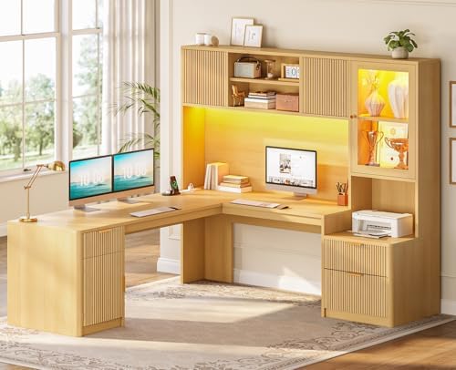 SEDETA 67" x 65" L Shaped Desk with Hutch, RGB LED Corner Computer Desk with Power Outlets, Fluted Home Office Desk with File Drawer, Storage Cabinet & Glass Display Cabinet for Gaming & Working, Oak by SEDETA