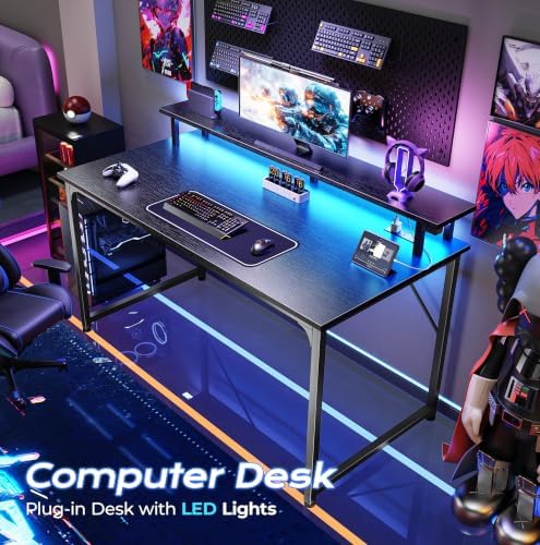 PRAISUN 40 inch Gaming Desk, LED & Power Outlets, Monitor Stand, Black - Image 4