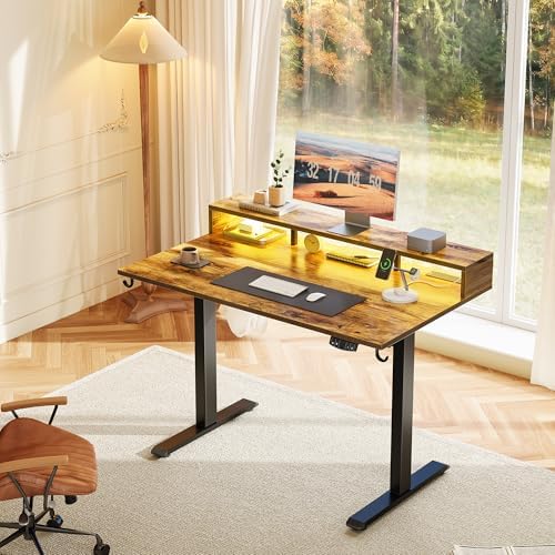 Klicelor Electric Standing Desk with Shelf, 48 Inch Height Adjustable Desk with Power Outlets & LED, Sit Stand Up Table with Monitor Stand, Computer Workstation for Home Office, Rustic Brown - Image 2