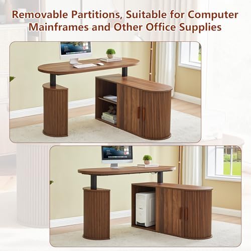55" L Shaped Oval Electric Wood Standing Desk with Storage - Image 6