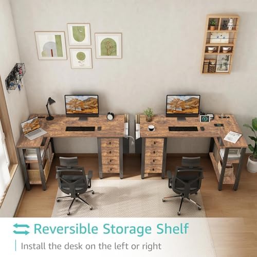 Lufeiya L Shaped Desk with Drawers & Storage Shelves, 47 Inch Small Reversible Corner Desk with Power Outlet for Home Office Bedroom, L-Shaped Gaming PC Computer Desks with Fabric Drawer, Rustic Brown - Image 4