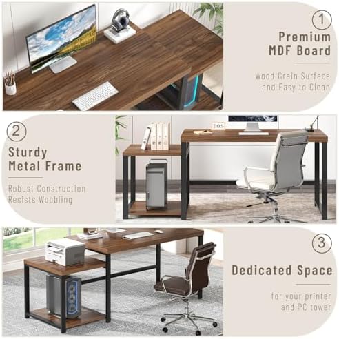 FOLUBAN Large Computer Desk, 63 Inch Home Office Desk with PC Tower Stand & Printer Space, Study Writing Gaming Table Workstation for Bedroom Living Room, Walnut - Image 5