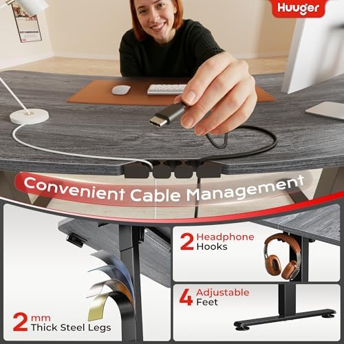 Huuger 47 X 24 Inch Electric Standing Desk with Power Outlets and USB-C Port, Height Adjustable Desk, Sit Stand Desk for Home Office, Computer & Gaming Desk with 3 Presets, Stable Steel Frame, Grey - Image 6