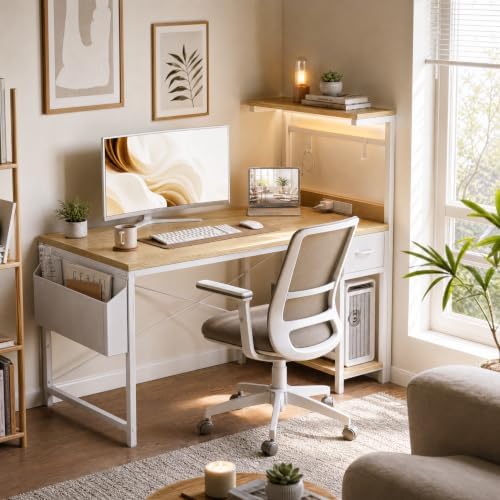 Grandder Computer Desk 40 Inch with Power Outlet and LED Light Oak - Image 5