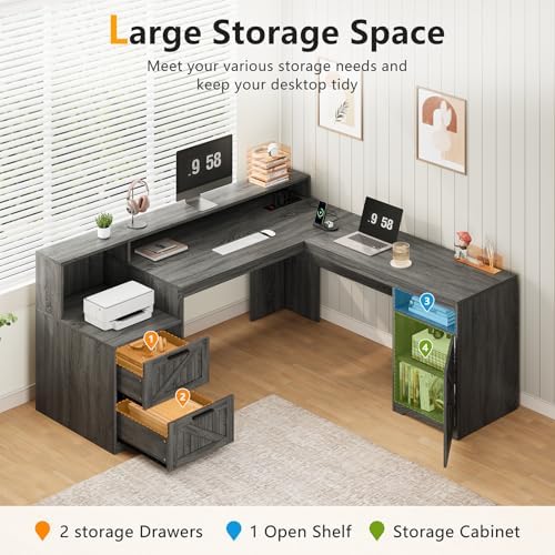 63" Farmhouse L Shaped Desk with Drawers & Printer Shelf for Home Office - Image 4