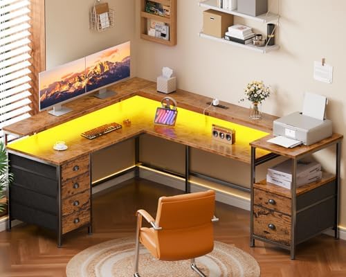 Furologee 66'' L Shaped Computer Desk with 6 Drawers & LED, Rustic Brown - Image 2