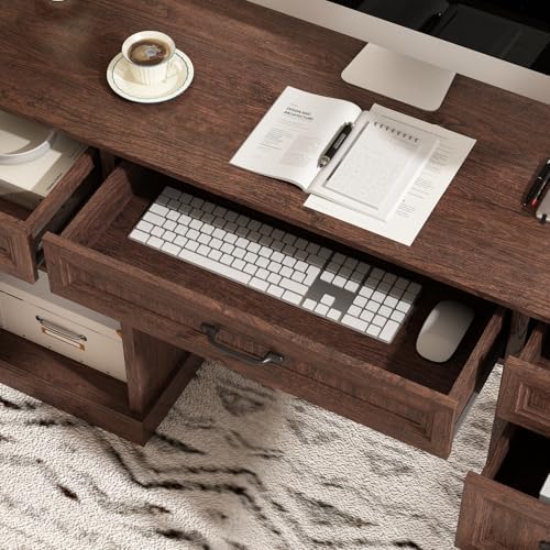 CARPETNAL 58'' Farmhouse Executive Desk with Drawers, Home Office Desk with File Drawer and Storage Cabinet, Rustic Computer Desk for Working, Studying, Writing, Brown - Image 6
