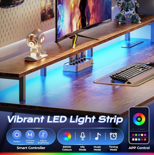 PRAISUN 55 inch Gaming Desk, LED & Outlets, Monitor Stand, Rustic Brown - Image 6