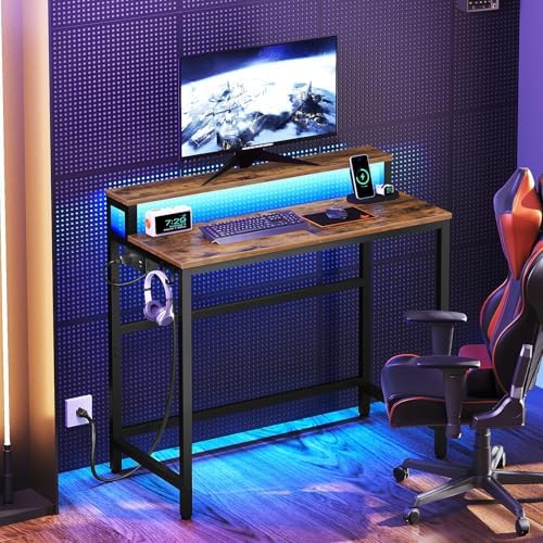 YATINEY Small Computer Desk with Charging Station and LED Lights, Gaming Desk with Monitor Stand, 2-Tier Home Office Desk with 4 Side Hooks, for Living Room, Home Office, Rustic Brown DN01UDBRY2 - Image 4
