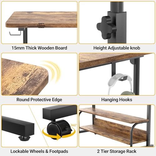 Besiost 32" Height Adjustable Standing Desk with Power Outlets - Manual Rolling Stand Up Desk with Wheels Small Portable Computer Desk Mobile Laptop Table with Storage Shelves for Home Office, Rustic - Image 5