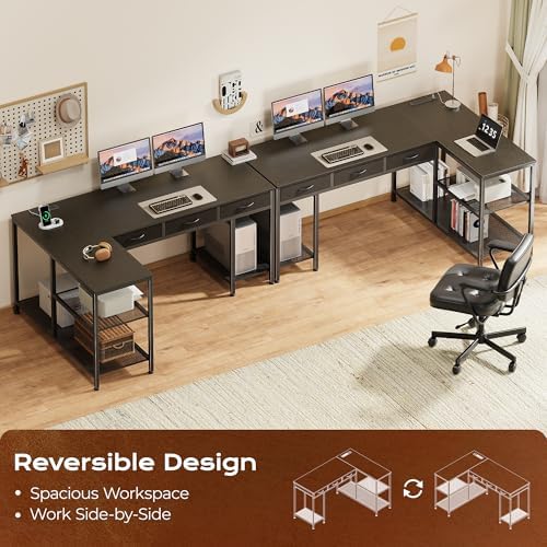 PRAISUN 55 Inch L Shaped Office Desk with Power Outlets and Type-C Port, Large Computer Gaming Desk with 3 Fabric Drawers, Mesh Shelves, Corner Study Work Writing Desk, Black - Image 4